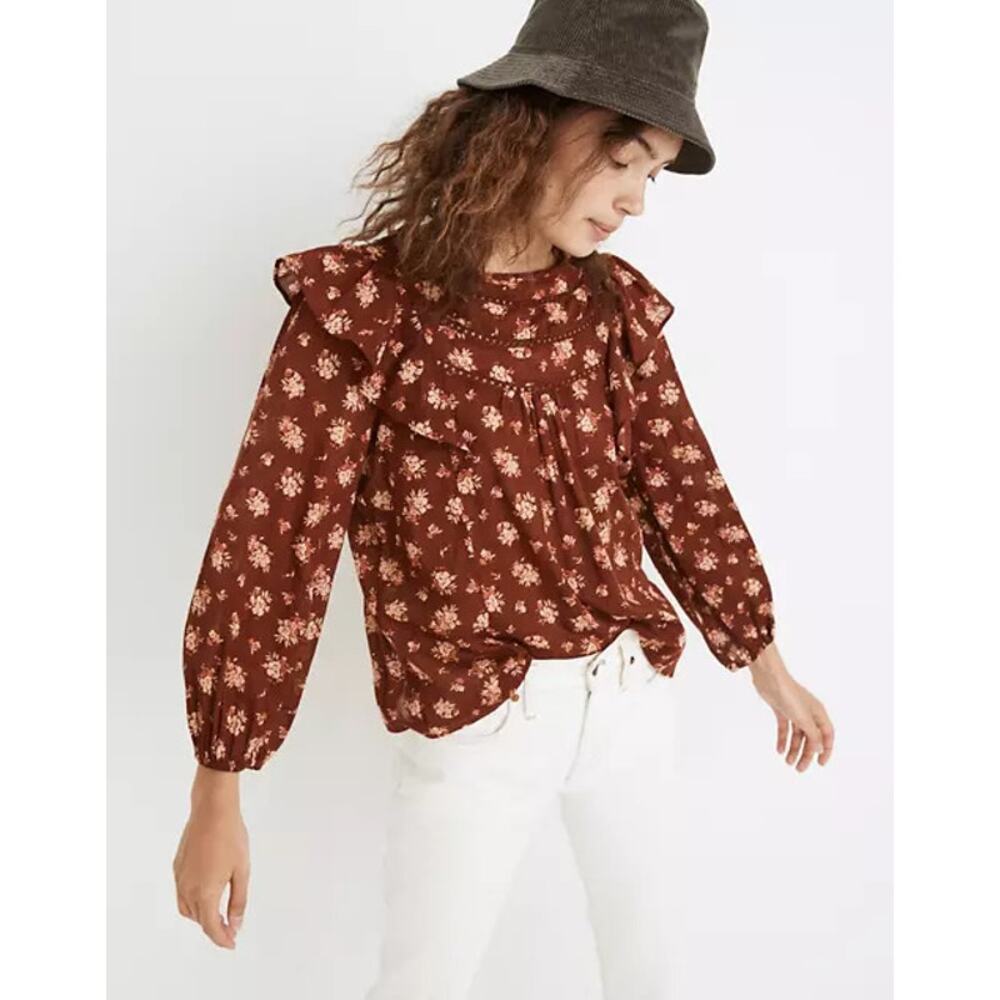 Madewell Ladder-Trim Ruffle Top Homestead Bouquet Mahogany Floral Small